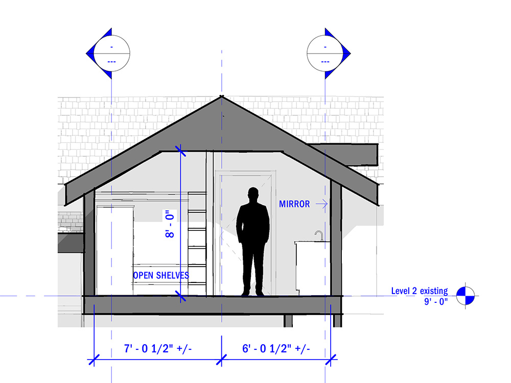 Schematic section upper-floor master bathroom and master closet