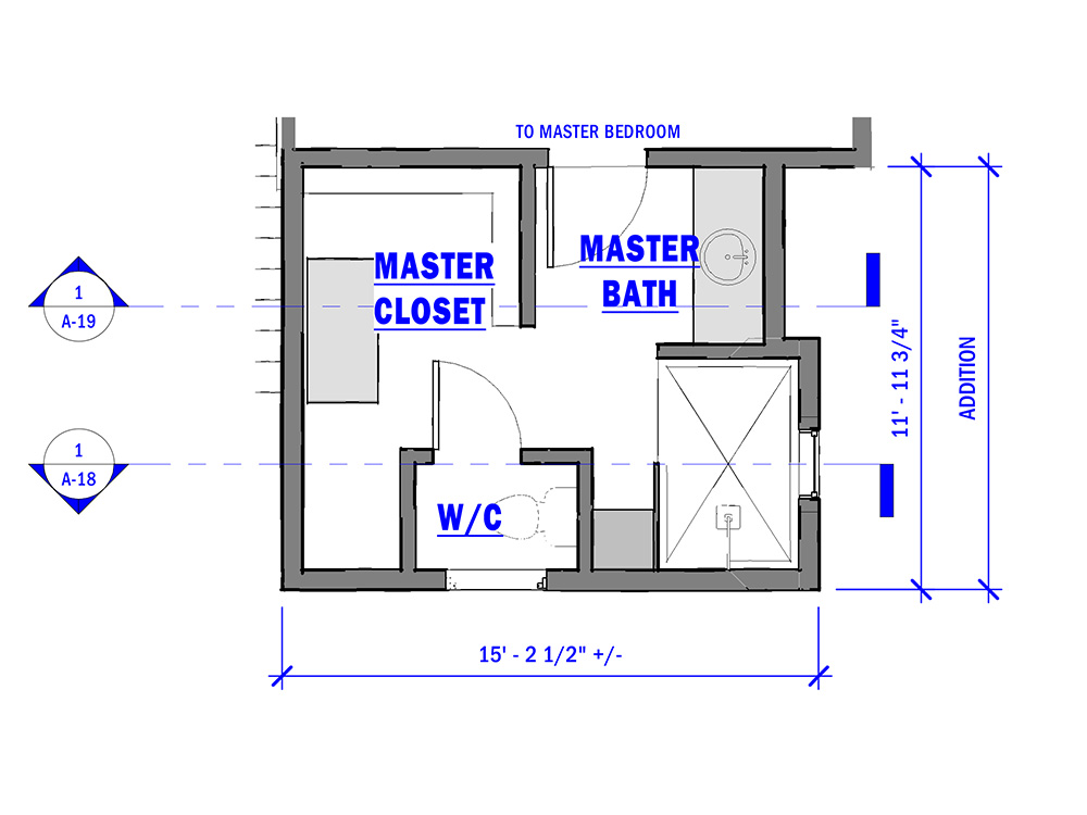 Schematic upper-floor plan for master bathroom & master closet.